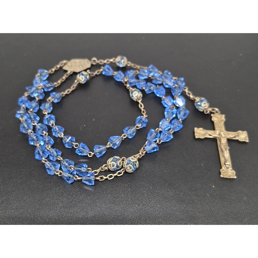 Vintage Rosary Blue Crystal Beads Sterling Silver Crucifix Centerpiece